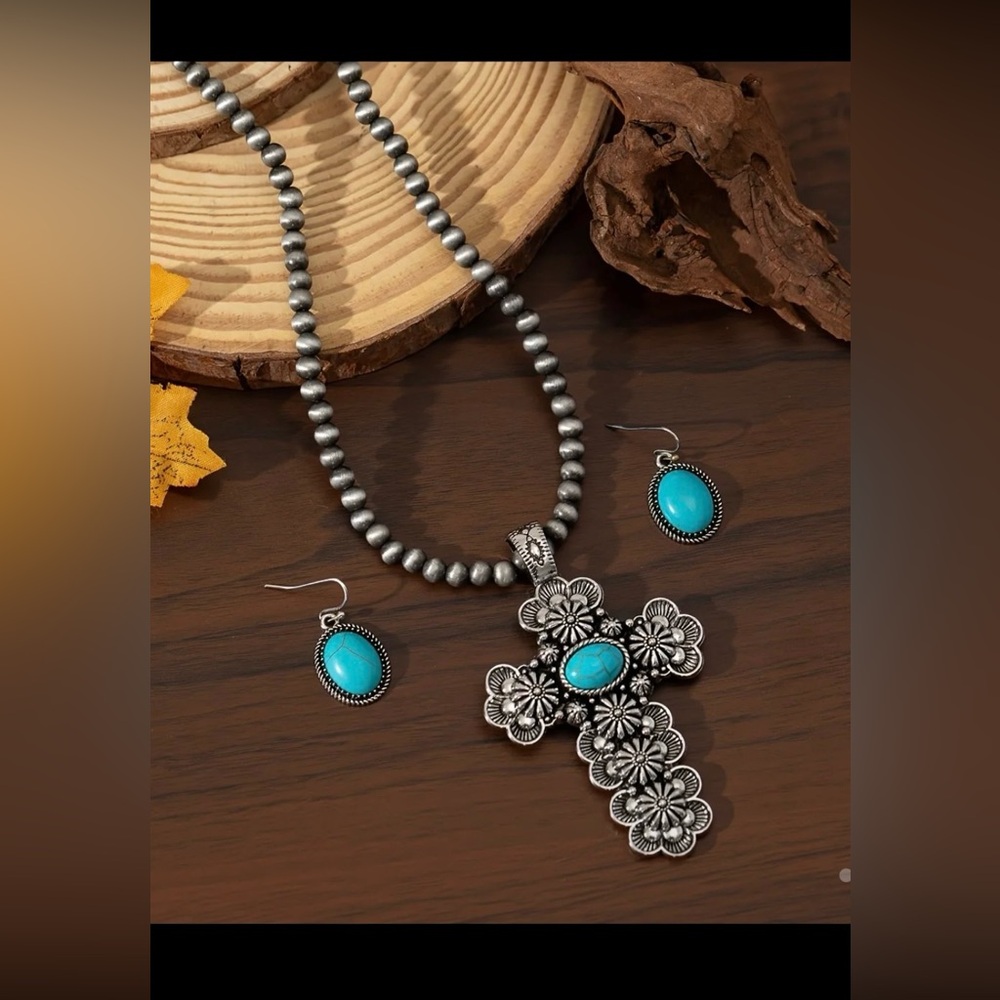Southwest Faux Navajo Pearl Faux Turquoise Cross Earrings Beaded Necklace Set - Picture 2 of 9